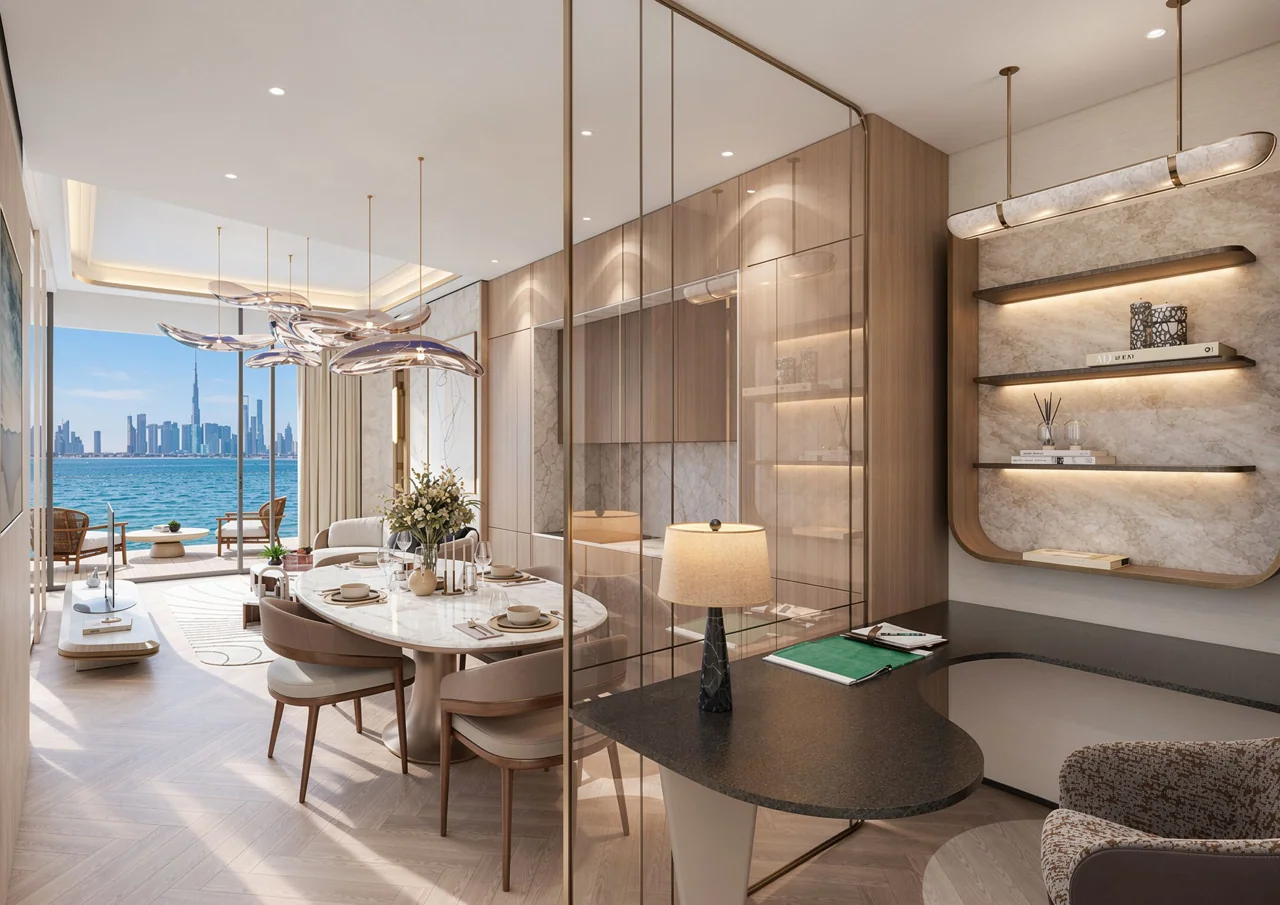 Dining and study area in a one-bedroom residence
